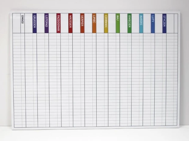 Magnetyczna tablica suchościeralna lean 040 planer roczny - Wzór graficzny. Prosta siatka z nazwami miesięcy w kolorowych