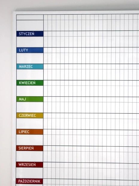 Tablica suchościeralna lean planer roczny 040 - Wzór graficzny. Prosta siatka z nazwami miesięcy w kolorowych prostokątach