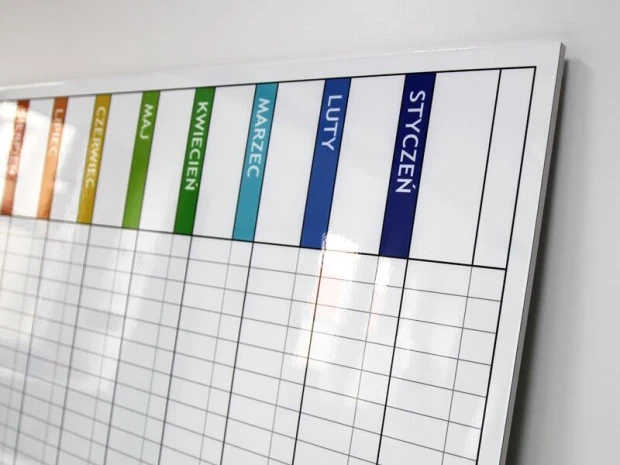 Tablica suchościeralna lean planer roczny 040 - Wzór graficzny. Prosta siatka z nazwami miesięcy w różnych kolorach