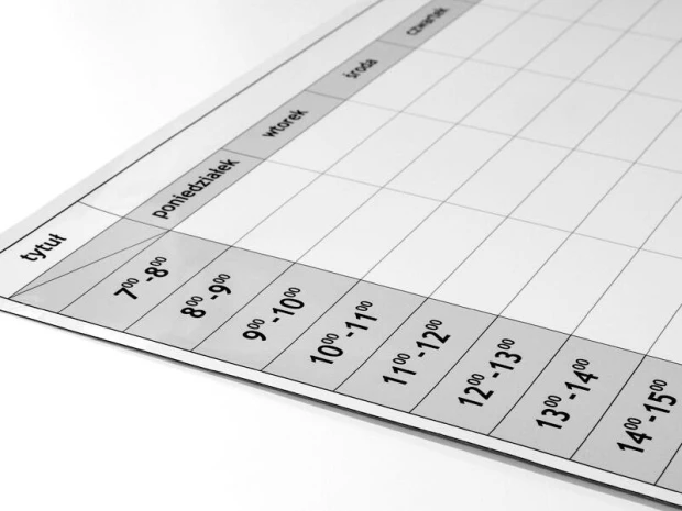 Tablica suchościeralna magnetyczna 040 plan tygodnia - Wzór graficzny. Prosta siatka z godzinami i dniami tygodnia