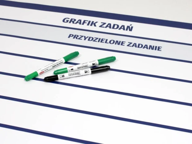 Grafik zadań tablica lean suchościeralna 107 - Wzór graficzny. Biała tablica z niebieskimi liniami i napisami