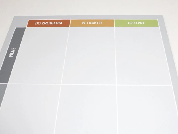 Suchościeralna tablica z nadrukiem kanban w ujęciu z góry pokazującym układ kolumn i wierszy