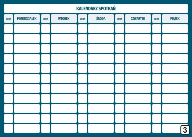 Kalendarz spotkań tablica suchościeralna Lean 114 - Wzór graficzny. Prosty układ z prostokątami na dni tygodnia i godzinami