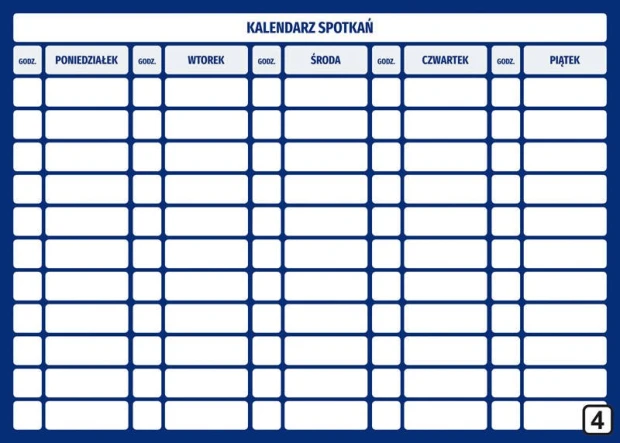Kalendarz spotkań tablica suchościeralna Lean 114 - Wzór graficzny. Prosta siatka z dniami tygodnia i godzinami