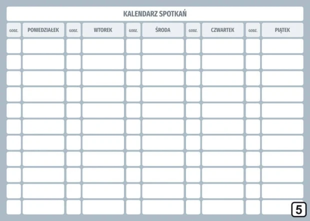 Kalendarz spotkań tablica suchościeralna Lean 114 - Wzór graficzny. Prosta siatka z polami na dni tygodnia i godzinami