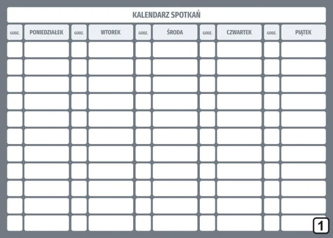 Tablica magnetyczna suchościeralna kalendarz spotkań Lean 114 - Wzór graficzny. Prostokątne pola z nazwami dni tygodnia