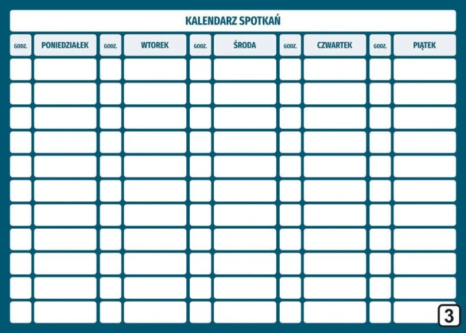 Tablica magnetyczna suchościeralna kalendarz spotkań Lean 114 - Wzór graficzny. Prosta siatka z dniami tygodnia i godzinami