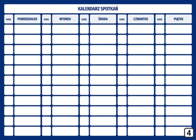 Tablica magnetyczna suchościeralna kalendarz spotkań Lean 114 - Wzór graficzny. Prosta siatka z dniami tygodnia i godzinami