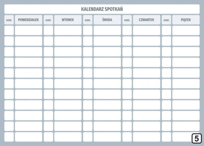 Tablica magnetyczna suchościeralna kalendarz spotkań Lean 114 - Wzór graficzny. Prosta siatka z polami na dni tygodnia