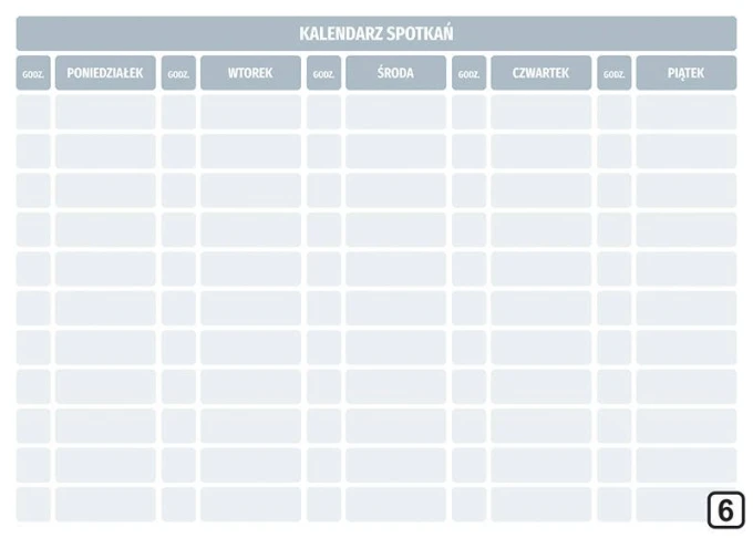 Tablica magnetyczna suchościeralna kalendarz spotkań Lean 114 - Wzór graficzny. Prosta siatka z dniami tygodnia i godzinami
