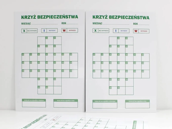 Magnetyczna suchościeralna tablica lean krzyż bezpieczeństwa 079 - Wzór graficzny. Tablica ma formę krzyża z polami