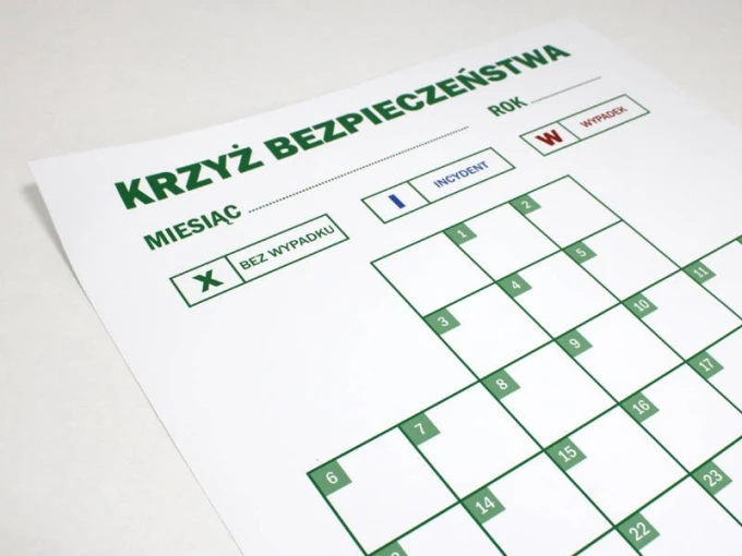 Magnetyczna suchościeralna tablica lean krzyż bezpieczeństwa 079 - Wzór graficzny. Tablica z siatką, zielonymi ramkami