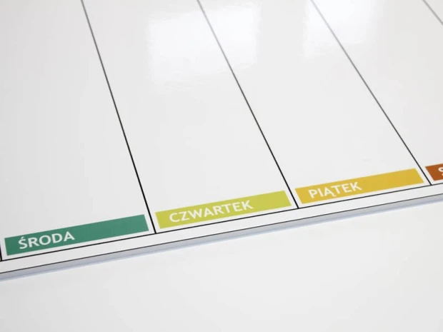 Magnetyczna tablica suchościeralna lean 046 planer tygodniowy - Wzór graficzny. Prosta struktura z dniami tygodnia w różnych