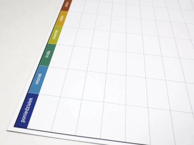 Magnetyczna tablica suchościeralna lean 058 planer tygodniowy - Wzór graficzny. Prosta siatka z dniami tygodnia w kolorach