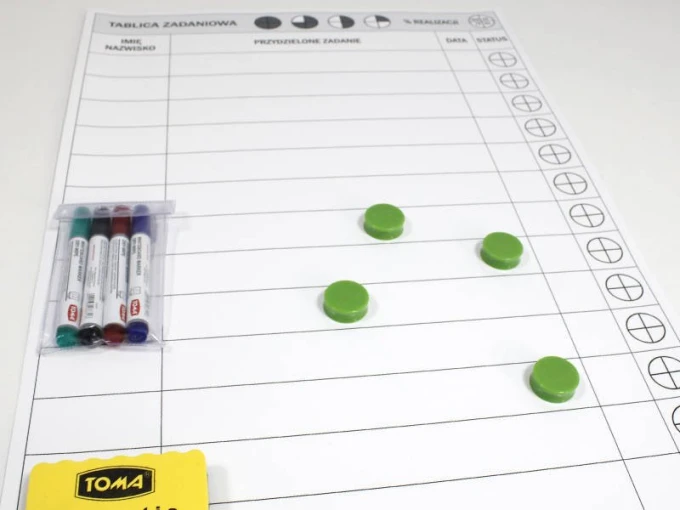 Tablica magnetyczna suchościeralna lean przydzielanie zadań 089 - Wzór graficzny. Prosta siatka z liniami i okrągłymi