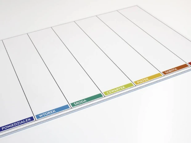 Tablica suchościeralna lean planer tygodniowy 046 - Wzór graficzny. Prosta struktura z siedmioma poziomymi sekcjami
