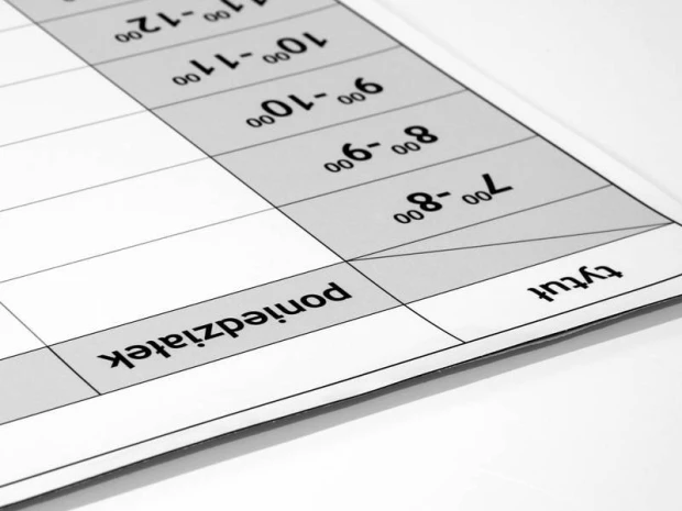 Tablica suchościeralna magnetyczna 040 plan tygodnia - Wzór graficzny. Prostokątny układ z dniami tygodnia i godzinami