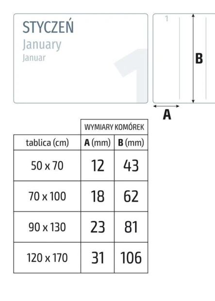 Tablica magnetyczna kalendarz suchościeralny uniwersalny 280 - Wzór graficzny. Grafika przedstawia tabelę z wymiarami