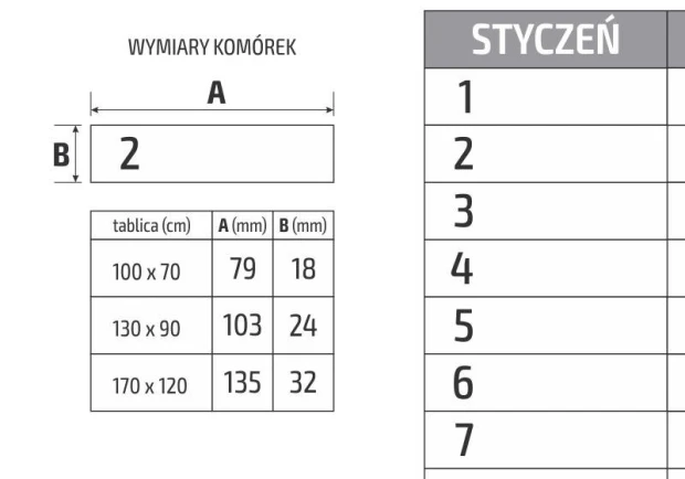 Kalendarz suchościeralny roczny uniwersalny wersja polska 283 - Wzór graficzny. Prosty układ z tabelą dni i wymiarami