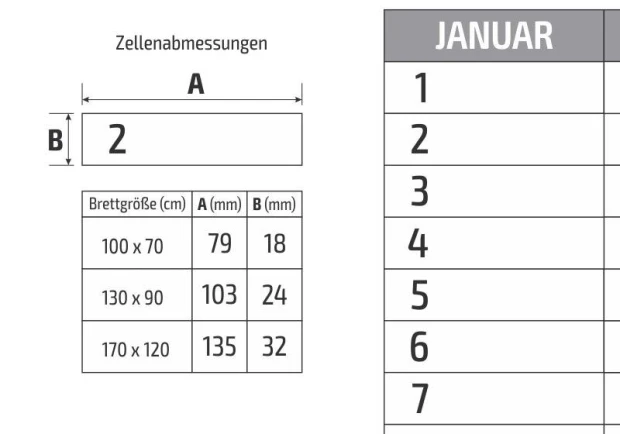 Kalendarz suchościeralny uniwersalny wersja niemiecka 281 - Wzór graficzny. Zawiera siatkę z wymiarami oraz dni miesiąca