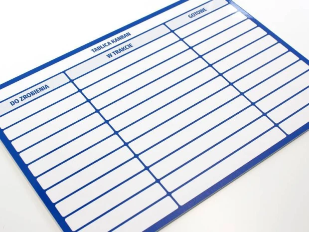 Kanban tablica suchościeralna Lean 115 - Wzór graficzny. Prosta siatka z poziomymi liniami i nagłówkami w kolorze niebieskim