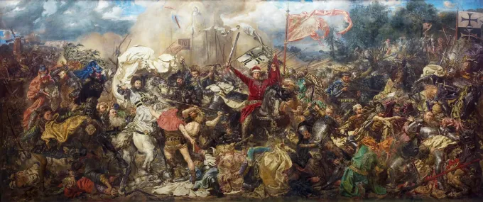 Reprodukcja obrazu Bitwa pod Grunwaldem - Jan Matejko - Wzór graficzny. Obraz przedstawia dynamiczną scenę bitwy z wieloma