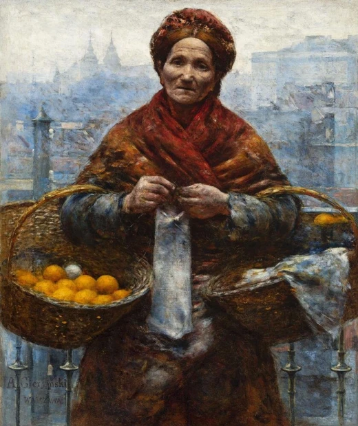 Reprodukcja Żydówka z pomarańczami, Gierymski Aleksander - Wzór graficzny. Postać kobiety z koszami pomarańczy
