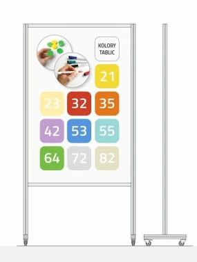 Parawan magnetyczny mobilny różne kolory - Wzór graficzny. Na białym tle znajdują się kolorowe prostokąty z numerami