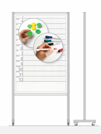 Parawan magnetyczny mobilny z nadrukiem - Wzór graficzny. Na białym tle znajdują się kolorowe elementy w kształcie kółek