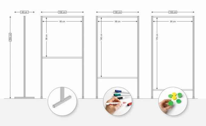Tablica wolnostojąca magnetyczna suchościeralna parawan - Wzór graficzny. Prosta forma prostokątna z wymiarami i rysunkami