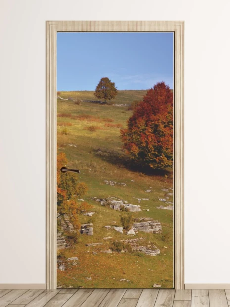 Fototapeta na drzwi jesień w górach FP 3982 - Aranżacja w pokoju. Ściany w jasnych kolorach, naturalne elementy w tle
