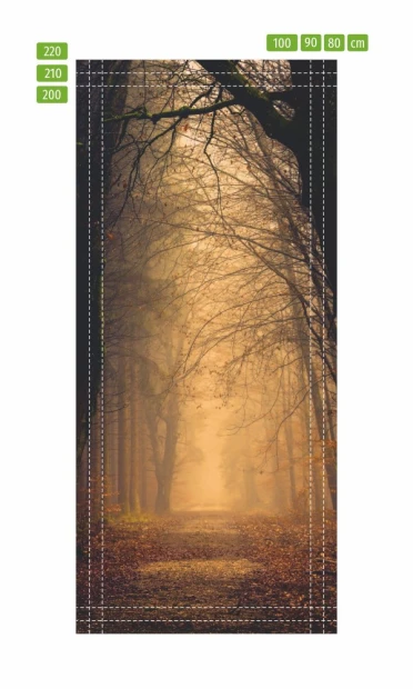 Fototapeta na drzwi leśna droga we mgle FP 4387 - Wzór graficzny. Przedstawia mglistą drogę w lesie z drzewami po obu