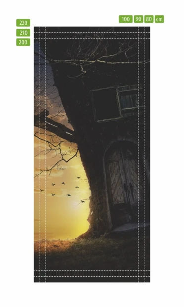 Fototapeta na drzwi dla dzieci domek w drzewie FP 6013 - Wzór graficzny. Grafika przedstawia domek w drzewie z otwartymi