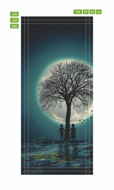 Fototapeta na drzwi z motywem dzieci pod drzewem, przedstawiona jako infografika z liniami pomocniczymi cięcia