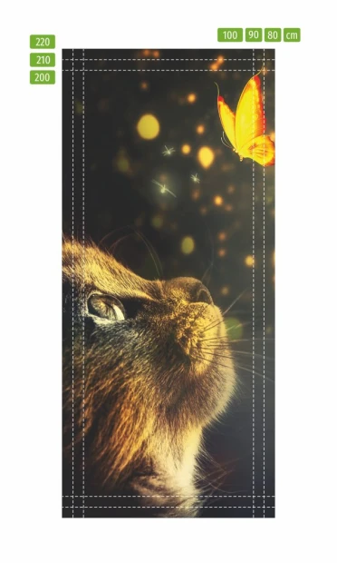 Fototapeta na drzwi dla dzieci kot i motyl FP 6020 - Wzór graficzny. Kot patrzy na motyla, tło z delikatnymi światłami