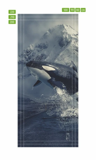 Fototapeta na drzwi dla dzieci orka FP 6015 - Wzór graficzny. Orka skacze nad wodą, w tle góry i fale