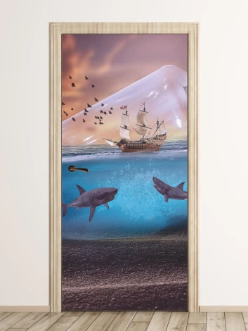Fototapeta na drzwi dla dzieci piraci FP 6019 - Wzór graficzny. Statek na wodzie, rekiny, góra lodowa i ptaki w tle