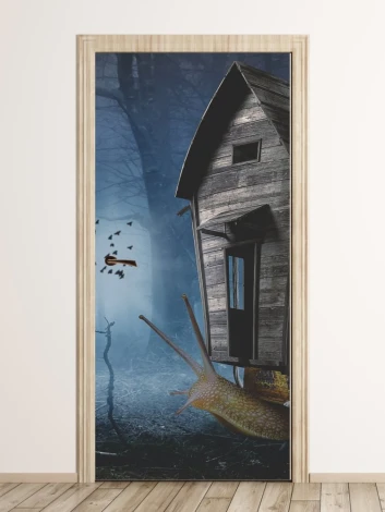 Fototapeta na drzwi dla dzieci ślimak FP 6016 - Wzór graficzny. Przedstawia ślimaka z domkiem na plecach w leśnej scenerii