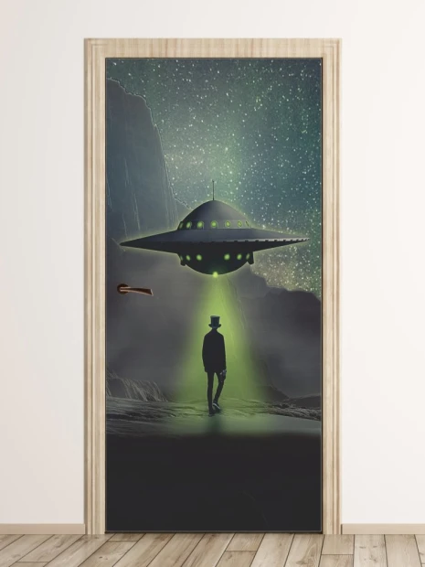 Fototapeta na drzwi dla dzieci ufo FP 6011 - Wzór graficzny. Na grafice widoczny jest statek kosmiczny nad postacią