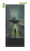 Fototapeta na drzwi dla dzieci ufo FP 6011 - Wzór graficzny. Na tle nocnego nieba widać ufo z zielonymi światłami
