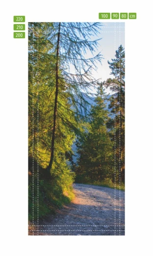 Fototapeta na drzwi z górską dróżką w ujęciu pokazującym linie pomocnicze do docinania wymiaru na białym tle