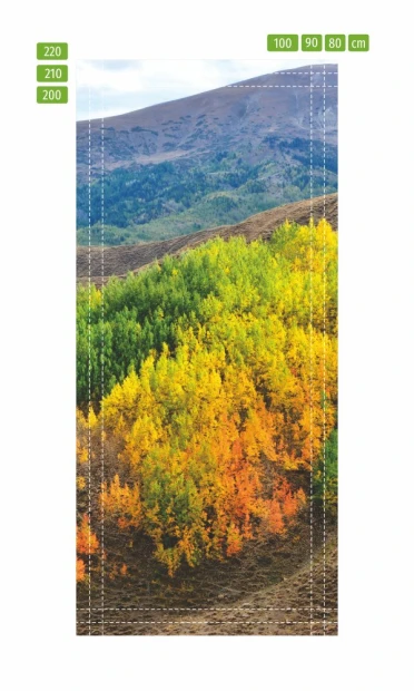 Fototapeta na drzwi jesienne drzewa FP 5763 - Wzór graficzny. Kolorowe drzewa w odcieniach żółci i zieleni na tle gór