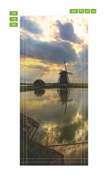 Fototapeta na drzwi jezioro i wiatrak FP 5941 - Wzór graficzny. Grafika przedstawia wiatrak nad jeziorem w otoczeniu chmur