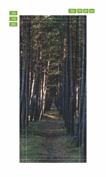 Fototapeta na drzwi z leśnym motywem w formie infografiki pokazującej linie cięcia i wymiary