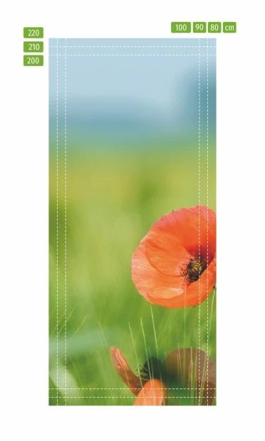 Fototapeta na drzwi mak w polu FP 5614 - Wzór graficzny. Na tle zielonej trawy widoczne są czerwone maki