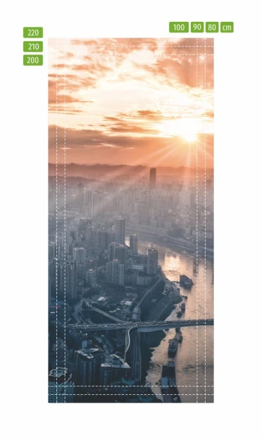 Fototapeta naklejka na drzwi miasto z lotu ptaka FP 5672 - Wzór graficzny. Przedstawia panoramę miasta z rzeką i mostem