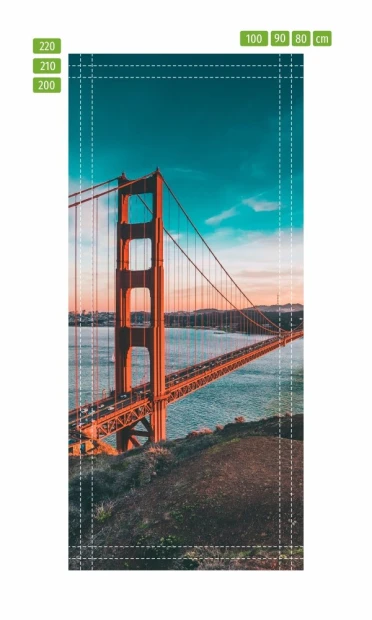 Fototapeta na drzwi z mostem Golden Gate na infografice pokazującej linie cięcia i wymiary produktu