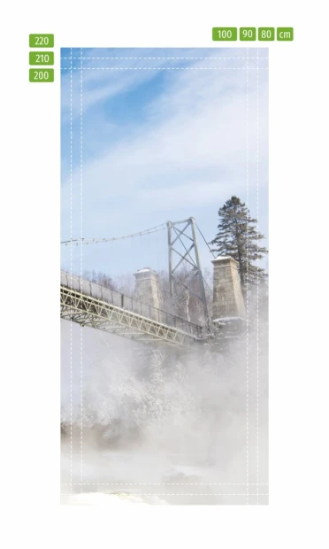 Fototapeta na drzwi most ponad wodospadem FP 5901 - Wzór graficzny. Most zawieszony nad wodospadem w otoczeniu mgły i drzew