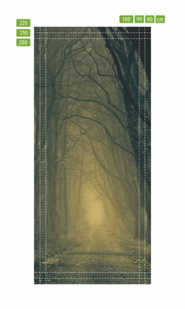 Fototapeta na drzwi świt w lesie FP 6027 - Wzór graficzny. Przedstawia leśną aleję z drzewami w mglistym otoczeniu