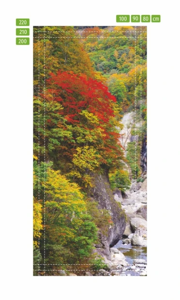 Fototapeta na drzwi z motywem górskiego potoku w formie infografiki pokazującej linie cięcia i wymiary
